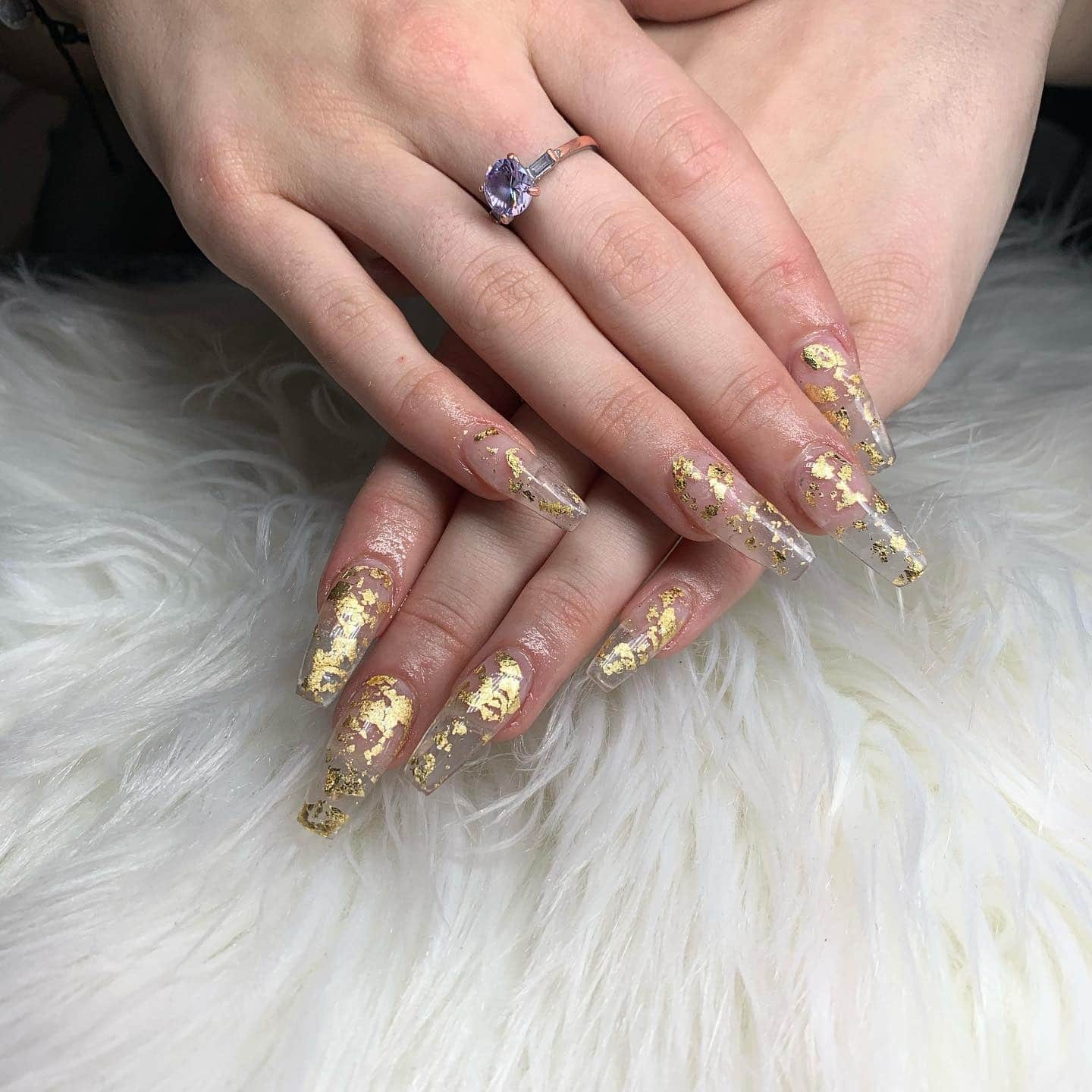 1. Clear Coffin Nails with Scattered Gold Foil - gold foil nail ideas