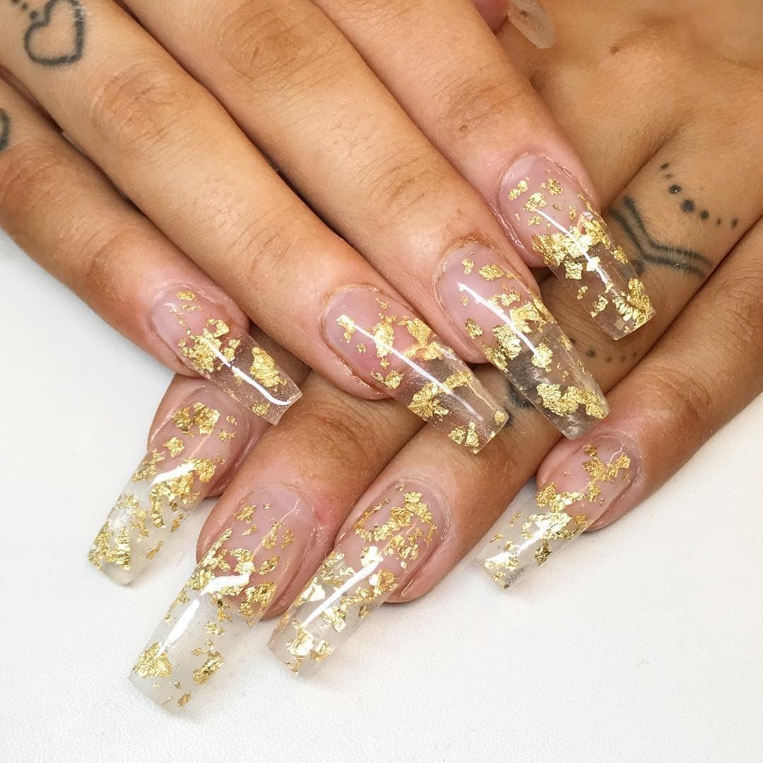 3. Nude Coffin Nails with Embedded Gold Foil - gold foil nail ideas