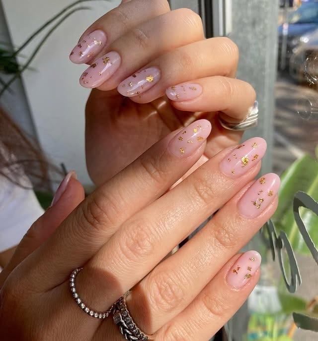4. Soft Pink Almond Nails with Minimal Gold Foil - gold foil nail ideas