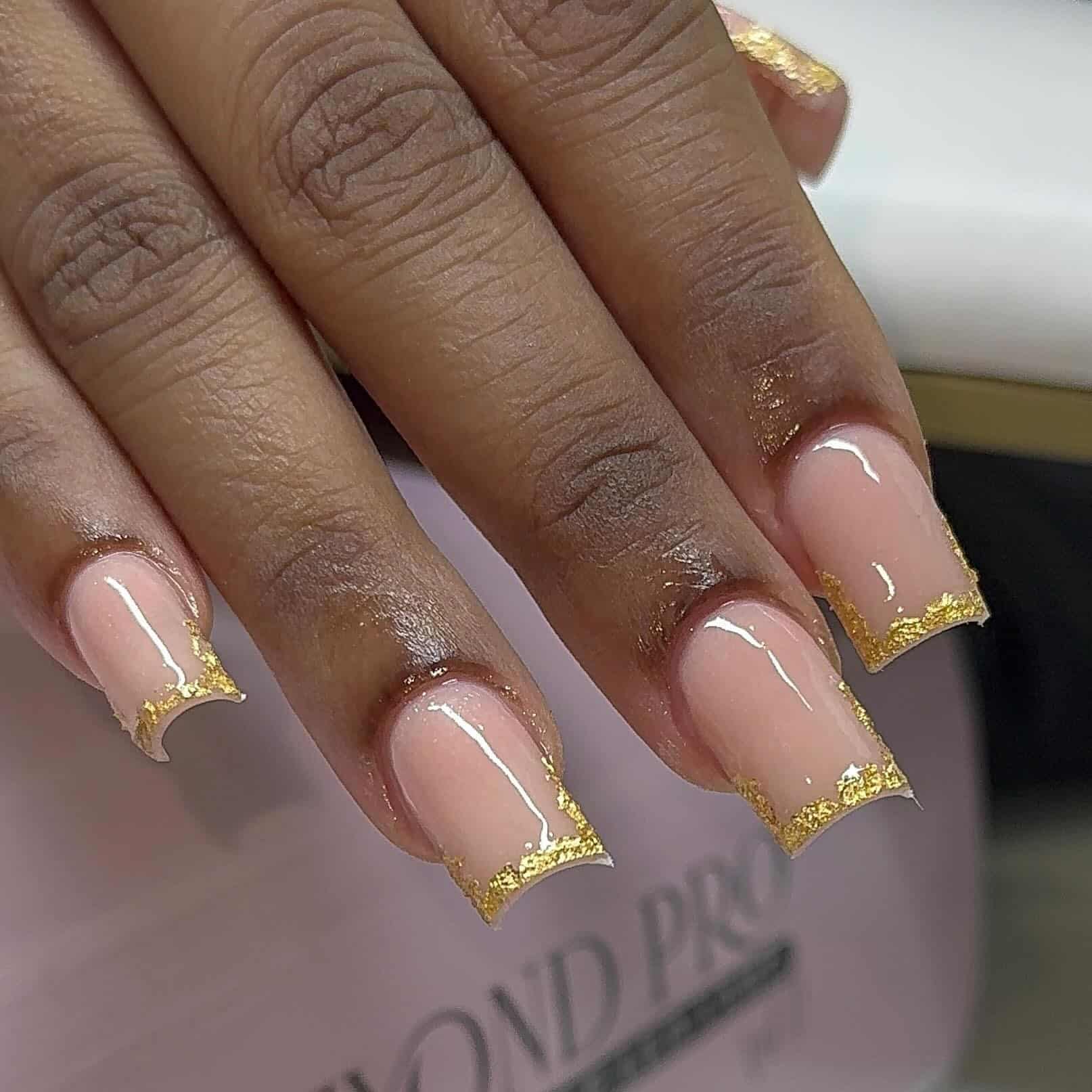 16. Nude Square Nails with Gold Foil French Edges - gold foil nail ideas