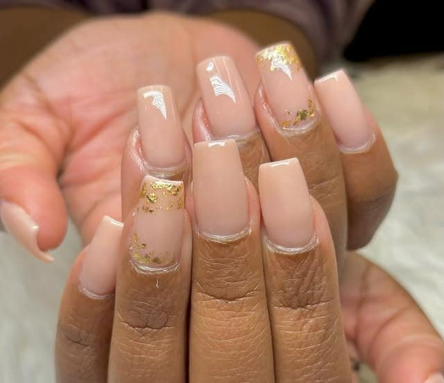 22. Nude Square Nails with Clear Panels and Gold Foil - gold foil nail ideas