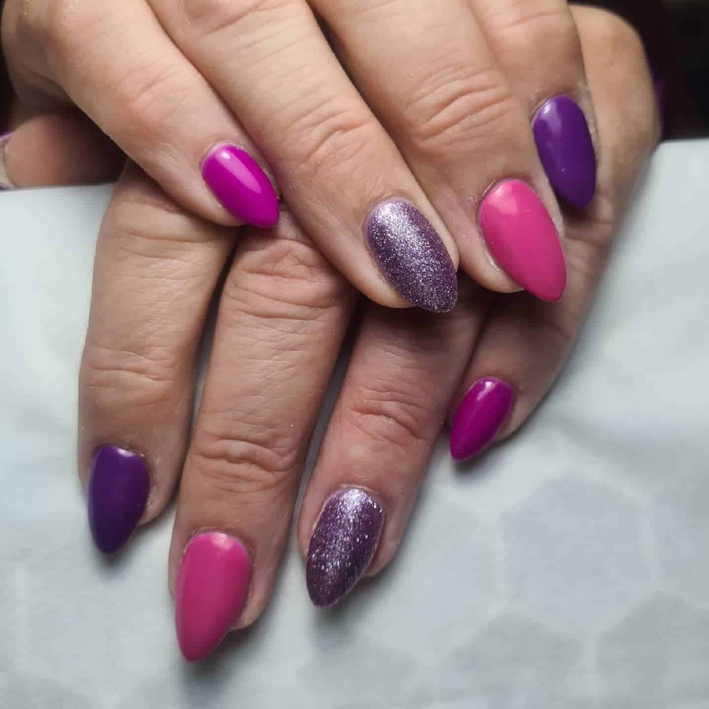 8. Mixed Berry Gradient Almond Nails with Texture Accent - gradient nail ideas