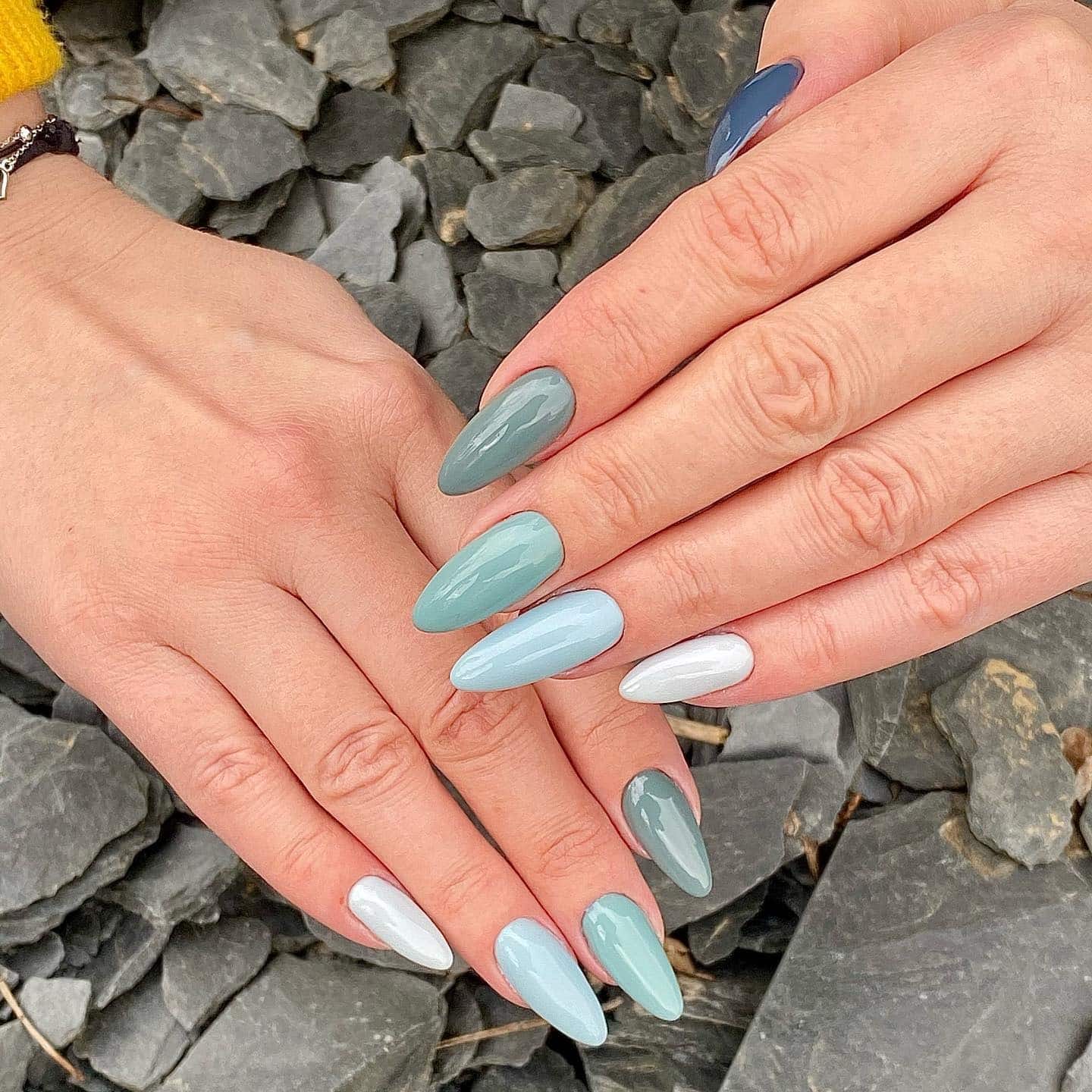 11. Sage and Ice Blue Gradient Almond Nails - gradient nail ideas