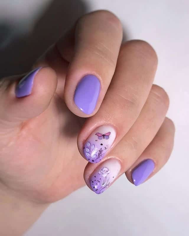 17. Lavender Gradient Nails with Floral Illustration - gradient nail ideas
