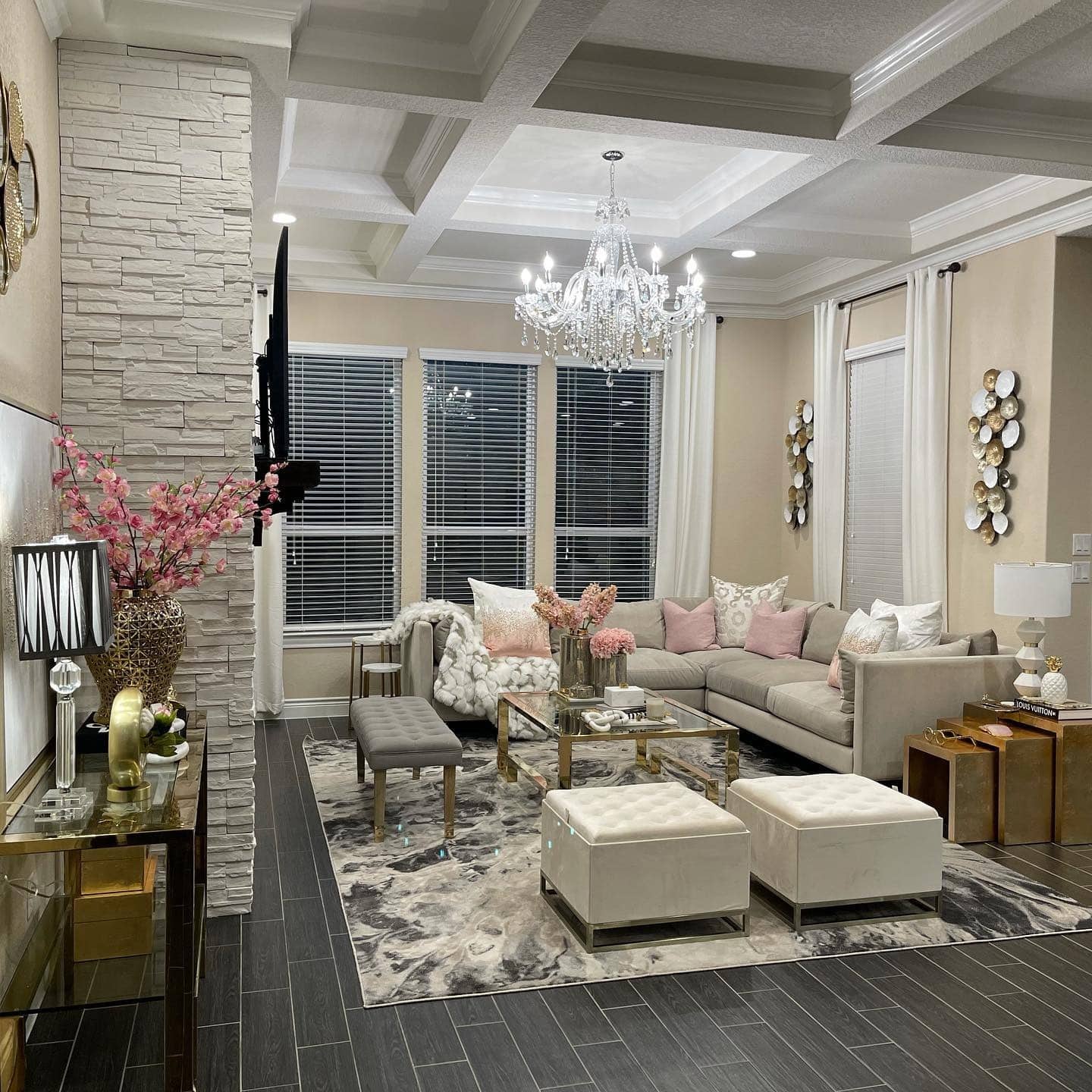 2. Elegant Glam Living Room with Marble-Inspired Gray Carpet - living room carpet ideas