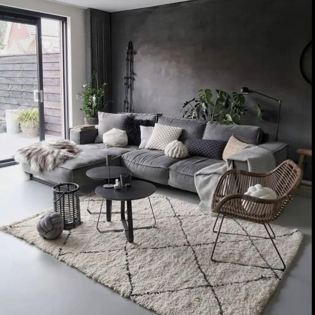 3. Modern Moody Living Room with Charcoal Textured Carpet - living room carpet ideas