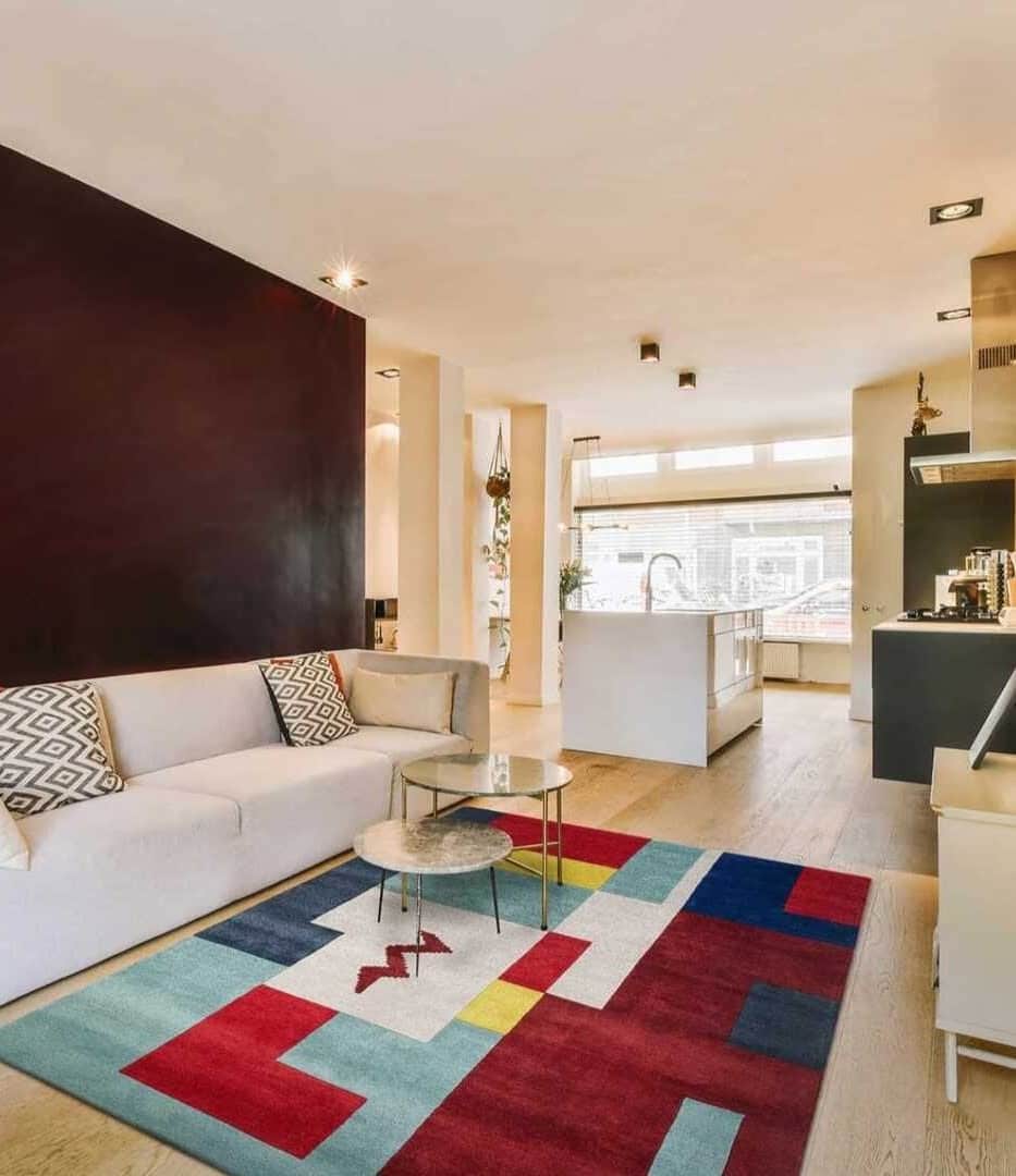 4. Contemporary Open-Plan Living Room with Color-Block Carpet - living room carpet ideas