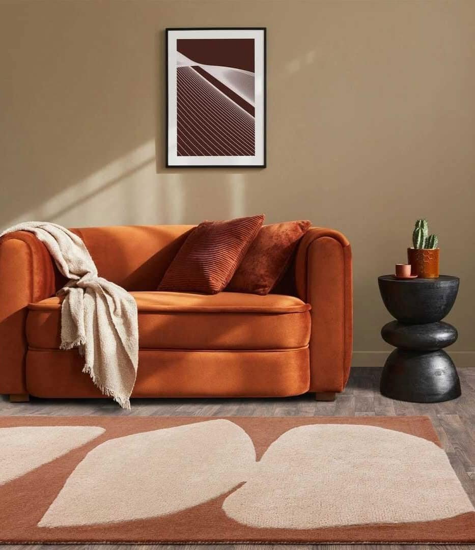 7. Warm Modern Living Room with Terracotta Patterned Carpet - living room carpet ideas