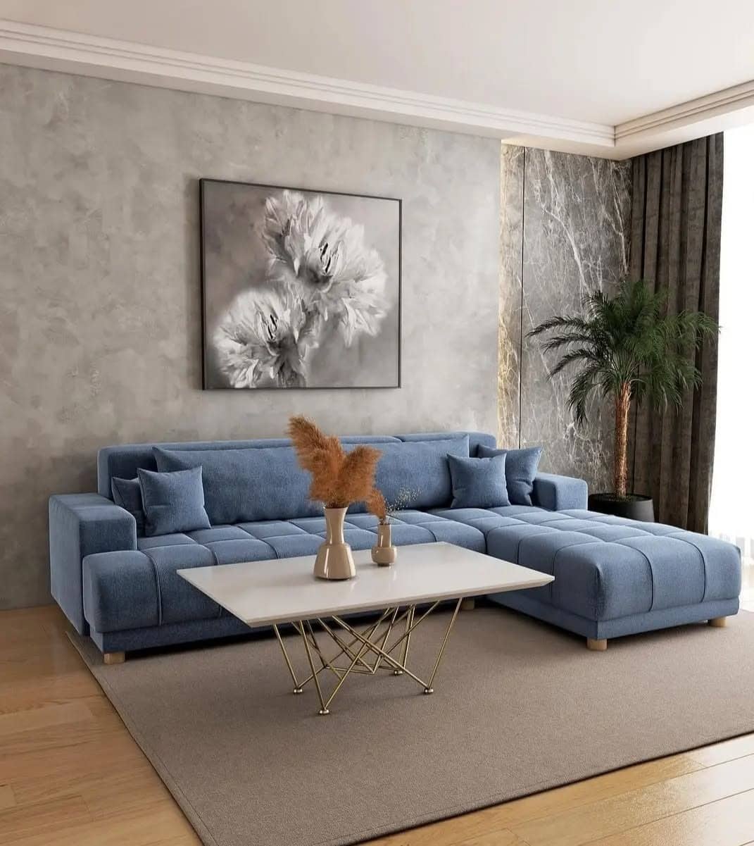 10. Refined Modern Living Room with Blue Upholstery and Neutral Carpet - living room carpet ideas