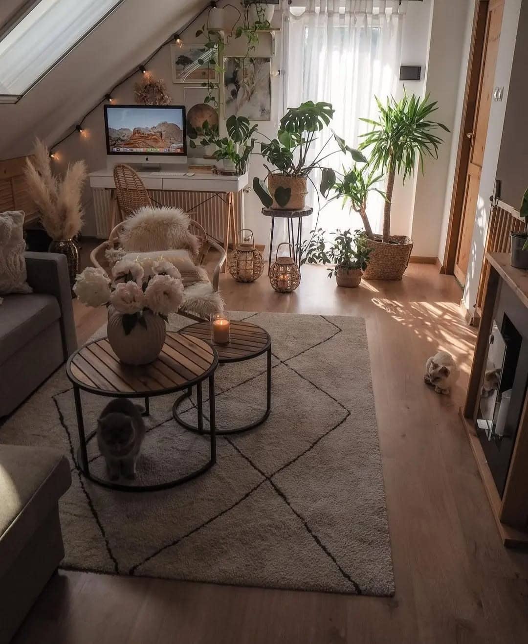 12. Cozy Loft Living Room with Cream Geometric Carpet - living room carpet ideas