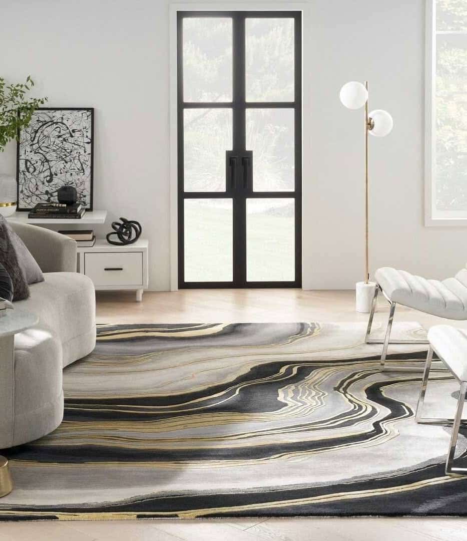 13. Modern Minimal Living Room with Marble-Effect Carpet - living room carpet ideas