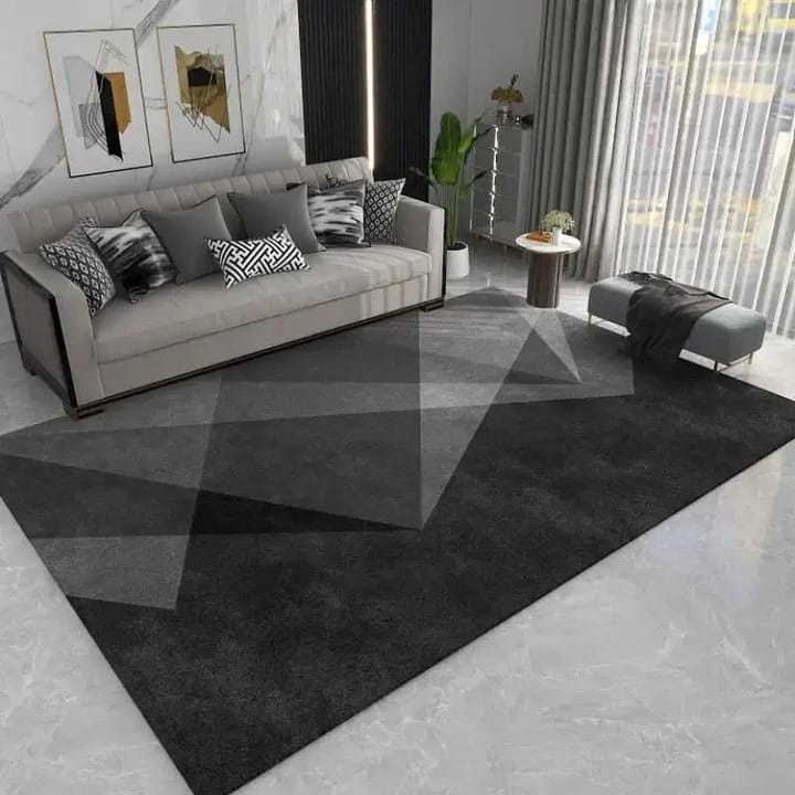 14. Contemporary Living Room with Charcoal Geometric Carpet - living room carpet ideas
