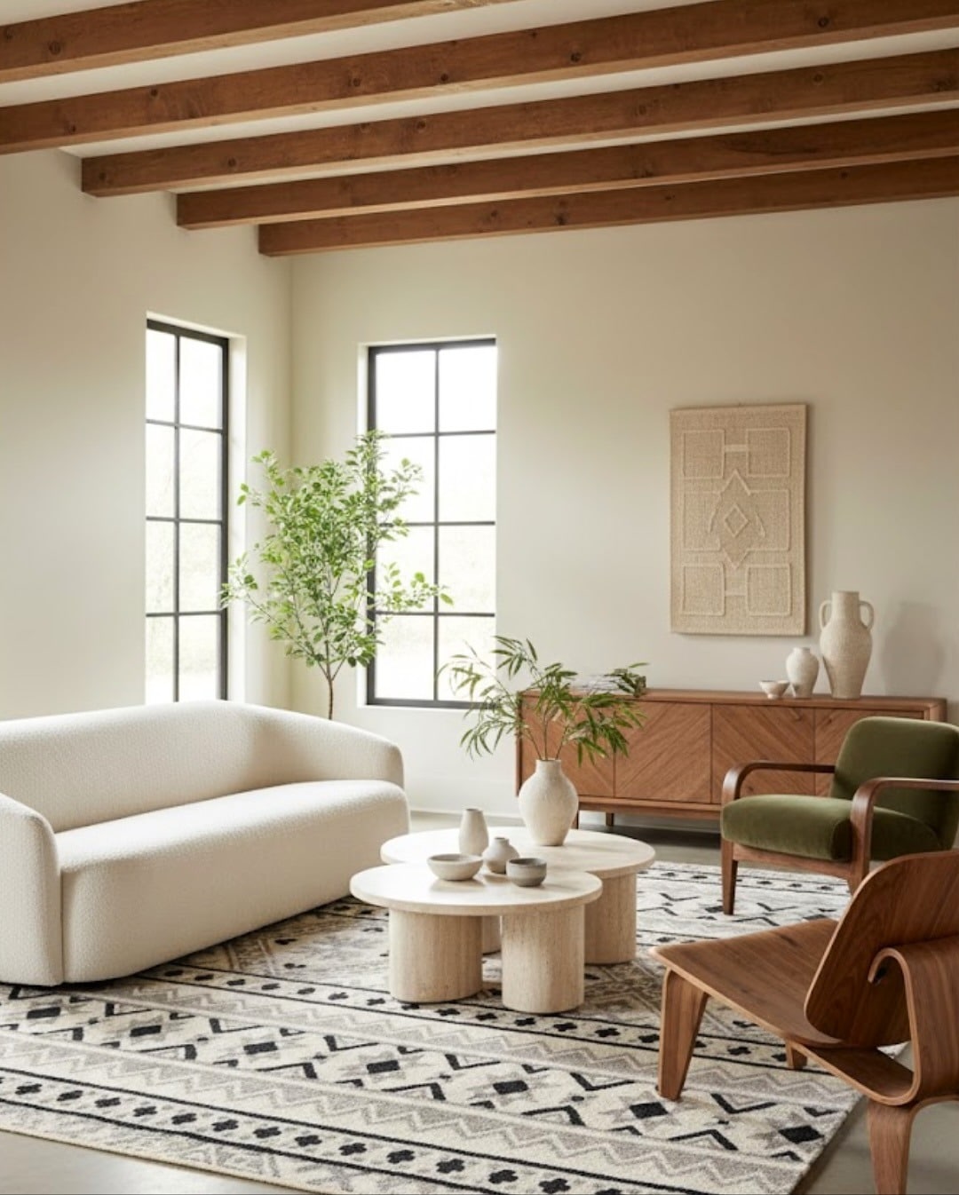 16. Modern Organic Living Room with Patterned Neutral Carpet - living room carpet ideas