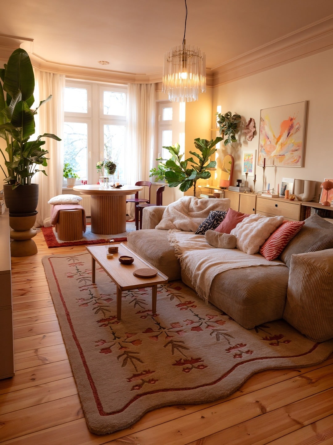 22. Cozy Contemporary Living Room with Floral Neutral Carpet - living room carpet ideas