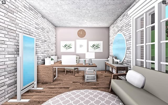 3. Bright Brick Home Office in White and Oak - bloxburg office ideas