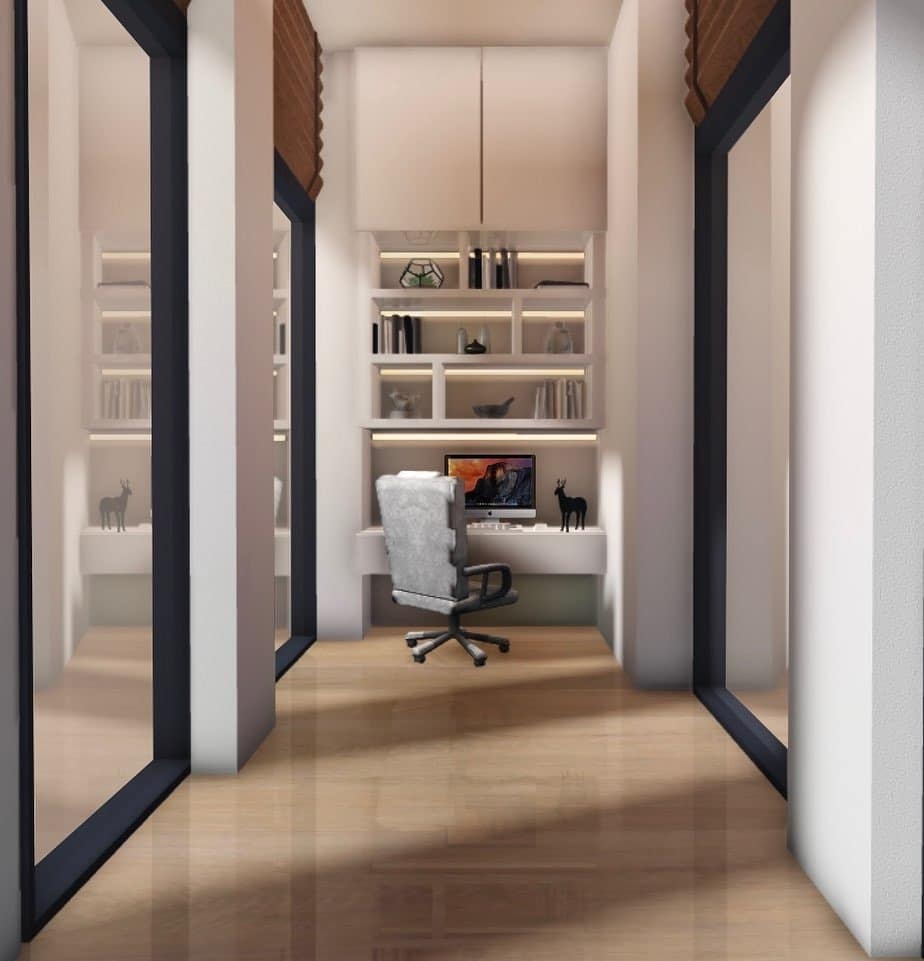 7. Built-In Nook Office in White and Light Wood - bloxburg office ideas