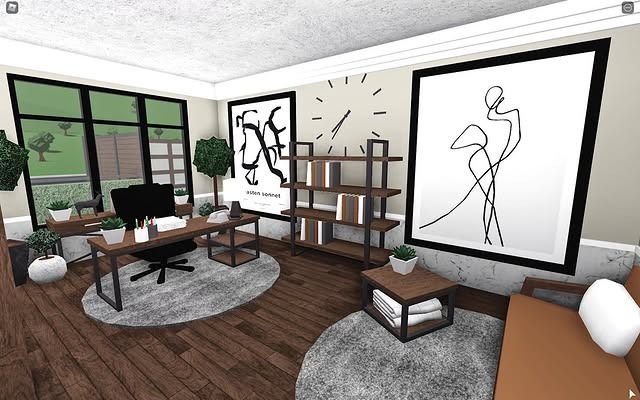 10. Creative Studio Office in Black, White, and Wood - bloxburg office ideas