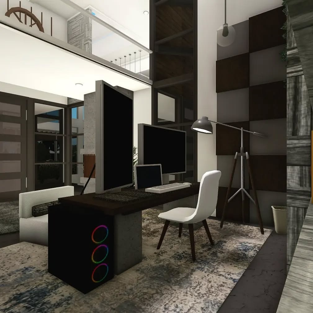 13. Modern Tech Office in Charcoal and White - bloxburg office ideas