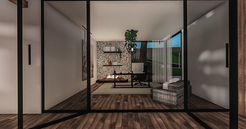 16. Glass-Enclosed Office in Black and Warm Brown - bloxburg office ideas