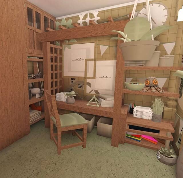 19. Creative Workshop Office in Wood and Soft Green - bloxburg office ideas