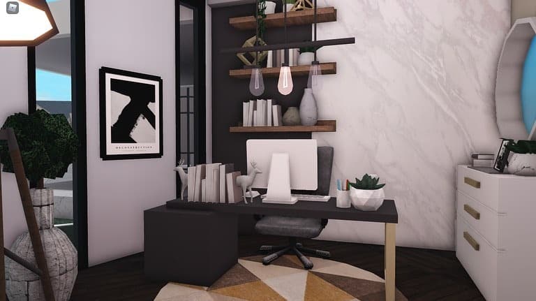 21. Modern Floating Office in Black, White, and Brass - bloxburg office ideas