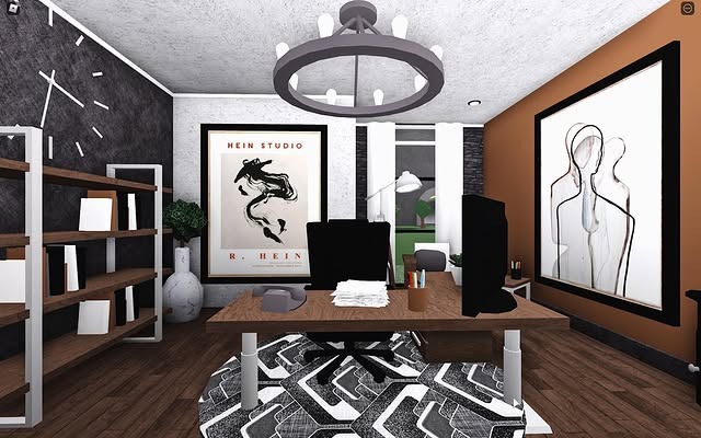 22. Artistic Statement Office in Black, Wood, and Warm Neutrals - bloxburg office ideas