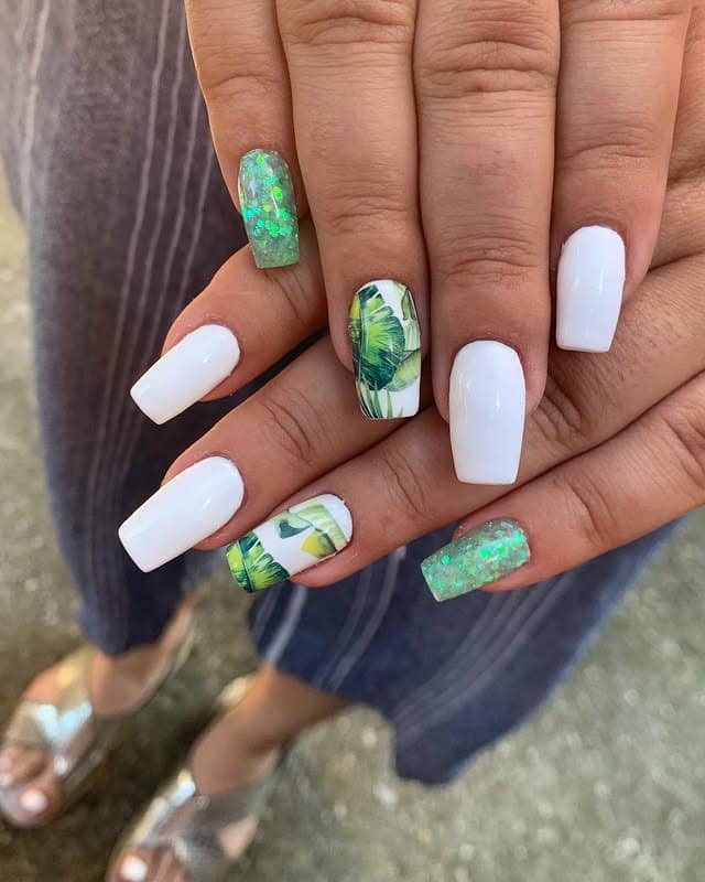 4. Tropical Green Foil and White Contrast Set - green and white nail ideas