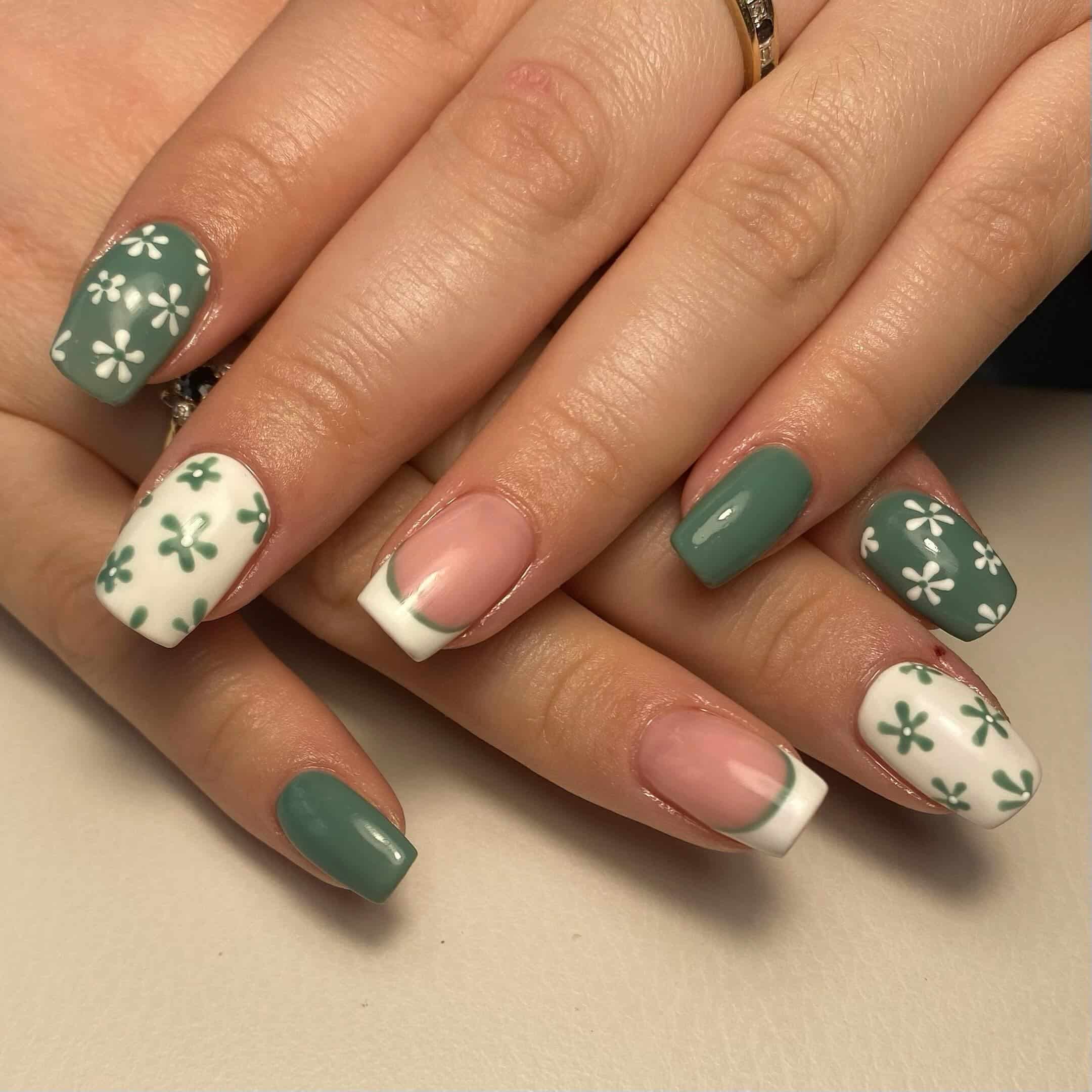 7. Green Floral French Mix - green and white nail ideas