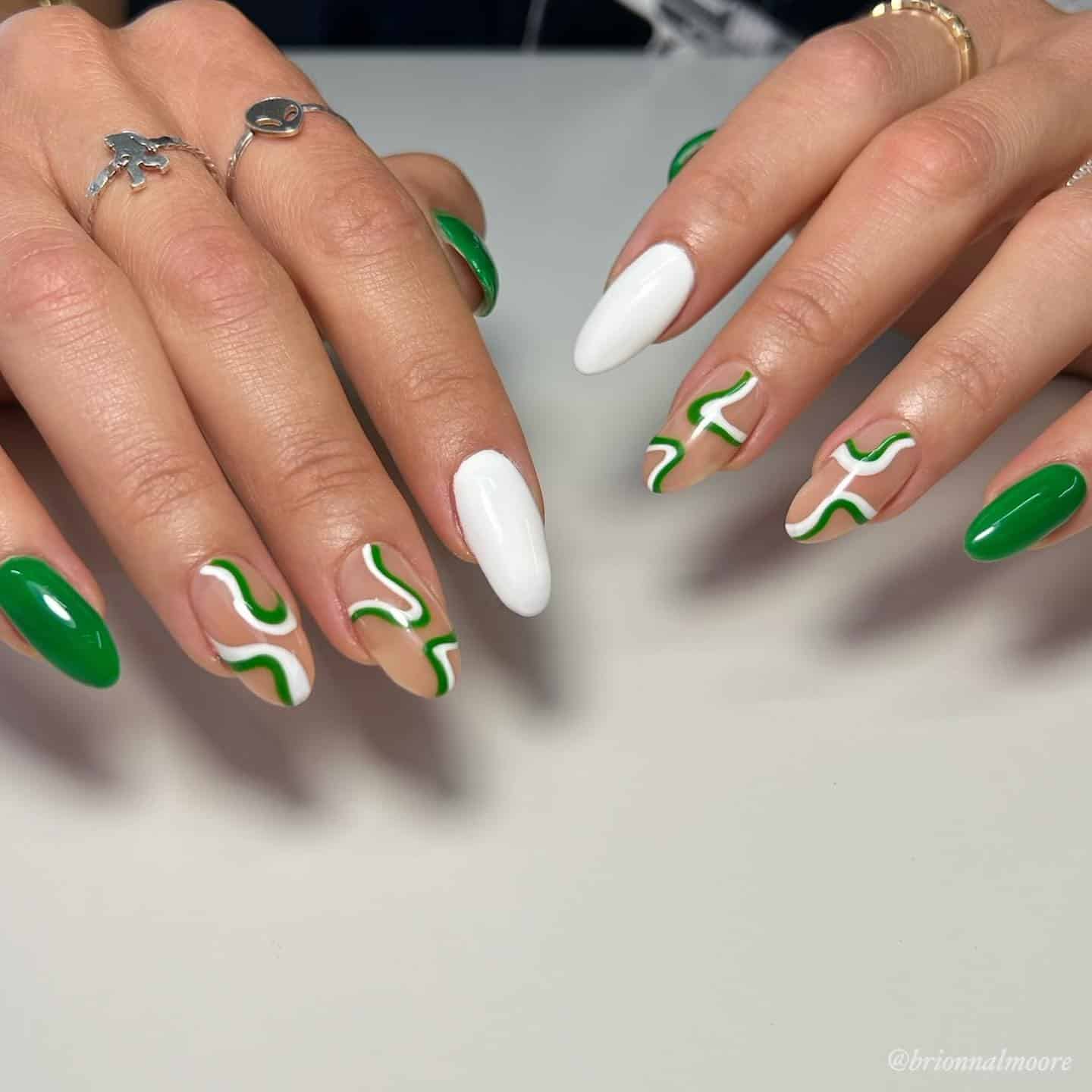 12. Abstract Green and White Wave Almond Nails - green and white nail ideas