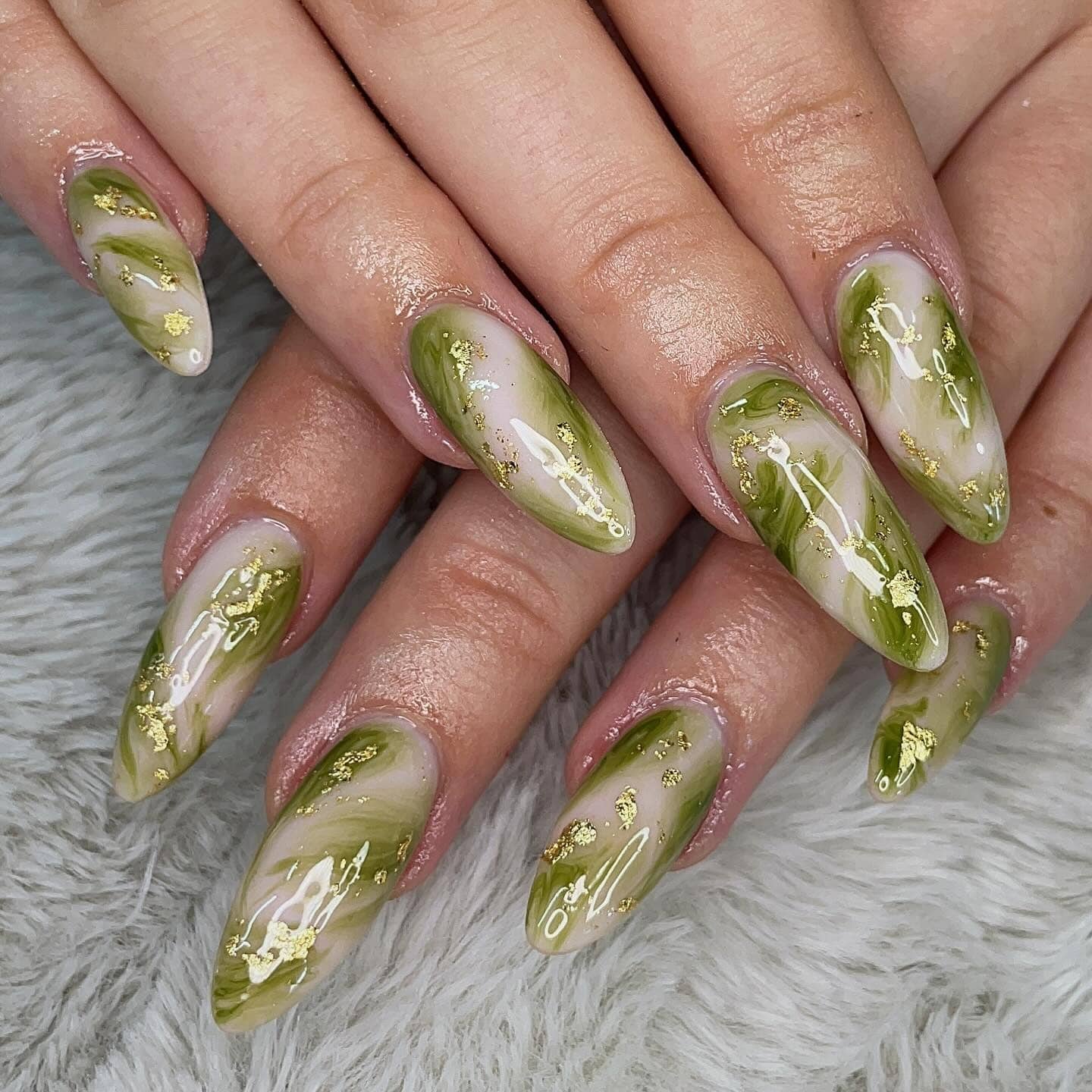13. Olive Marble Almond Nails with Gold Foil - green and white nail ideas