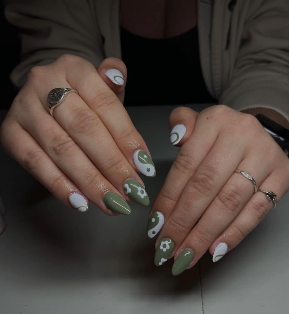 14. Sage Green Floral Accent Almond Set - green and white nail ideas