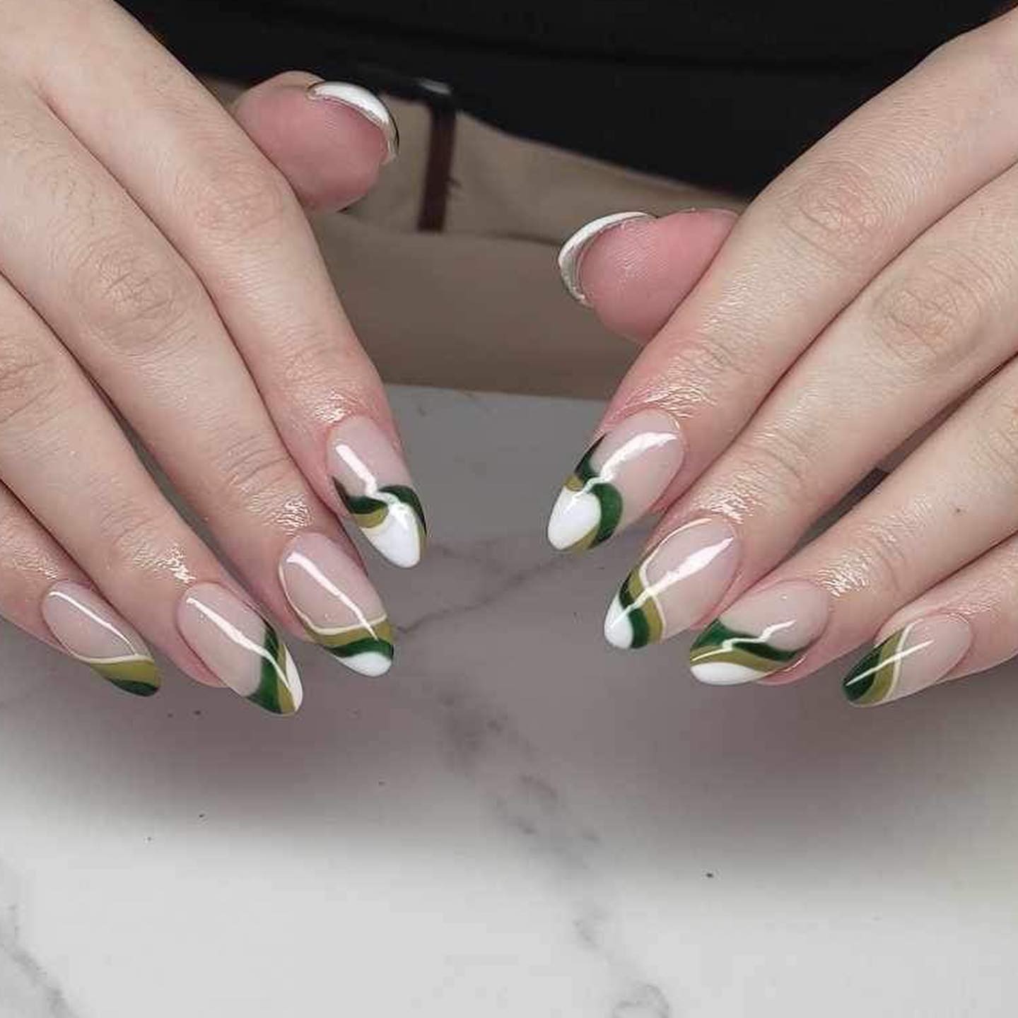 15. Sheer Nude Nails with Green Layered Tips - green and white nail ideas