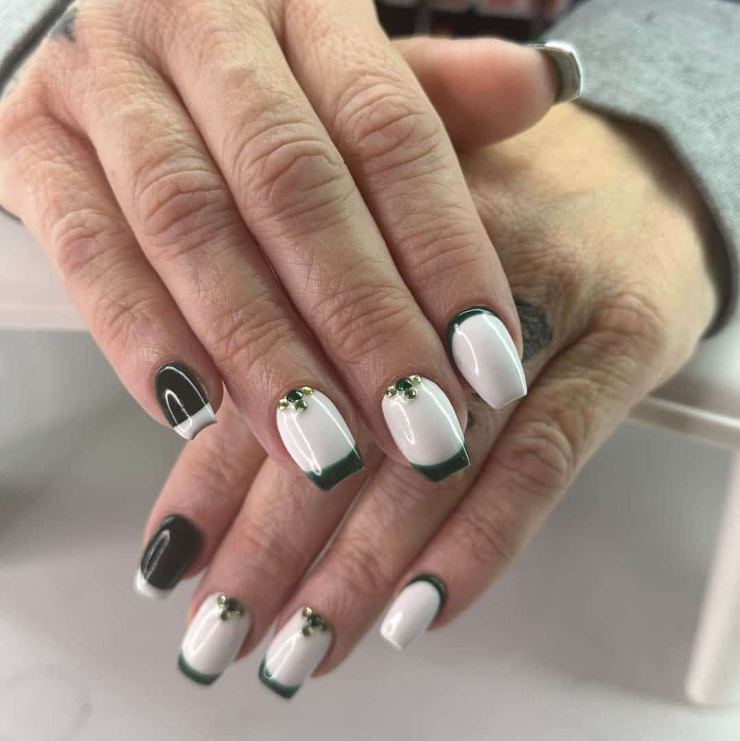 20. Green French Square Nails with Gem Accents - green and white nail ideas