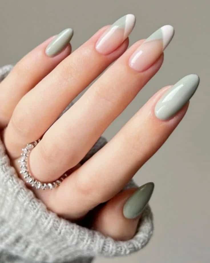 22. Sage Green and White Micro French Almond Nails - green and white nail ideas