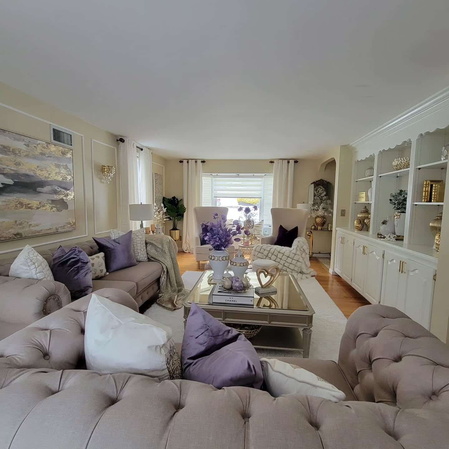 6. Classic Glam Neutrals with Lavender Accents - glam living room ideas