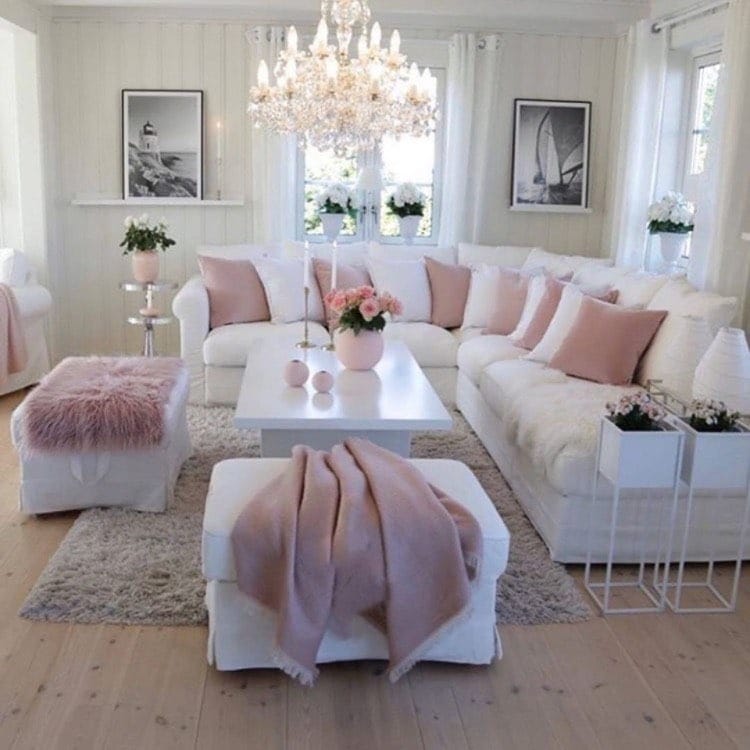 7. Romantic Glam in Blush and White - glam living room ideas
