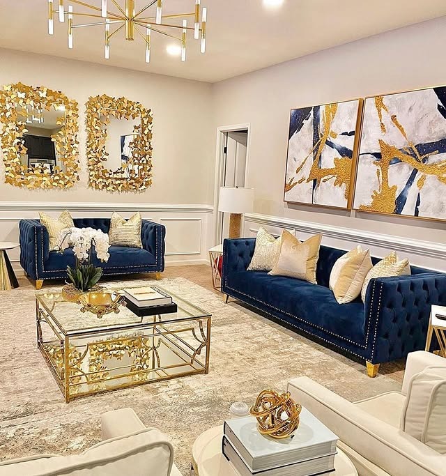 10. Elegant Blue and Gold Glam Living Room - glam living room ideas