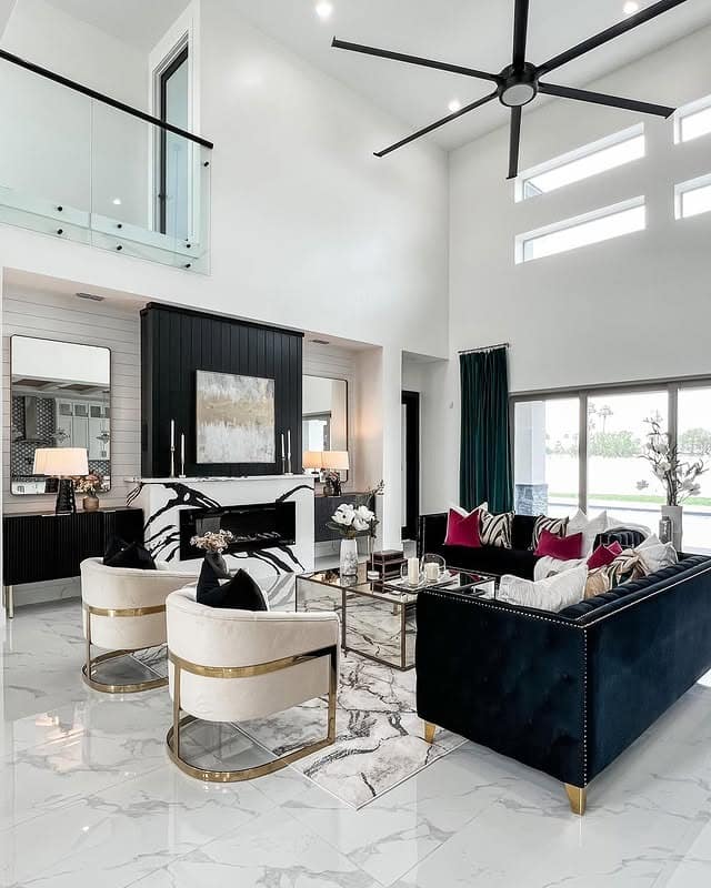 13. High-Contrast Glam with Black, White, and Gold - glam living room ideas