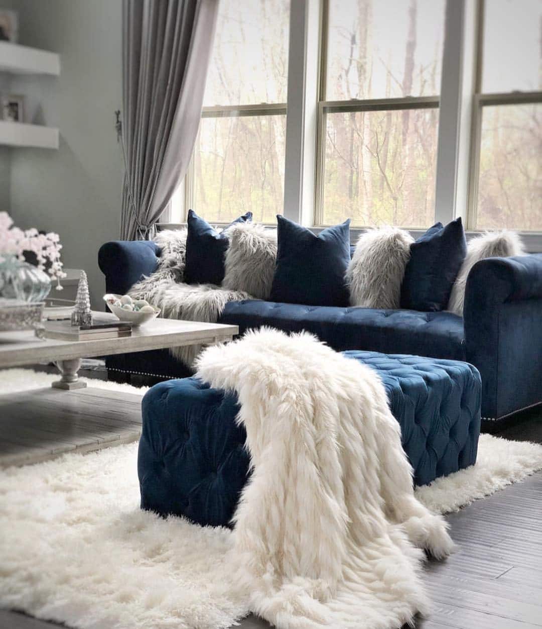 16. Navy and Ivory Glam with Plush Textures - glam living room ideas