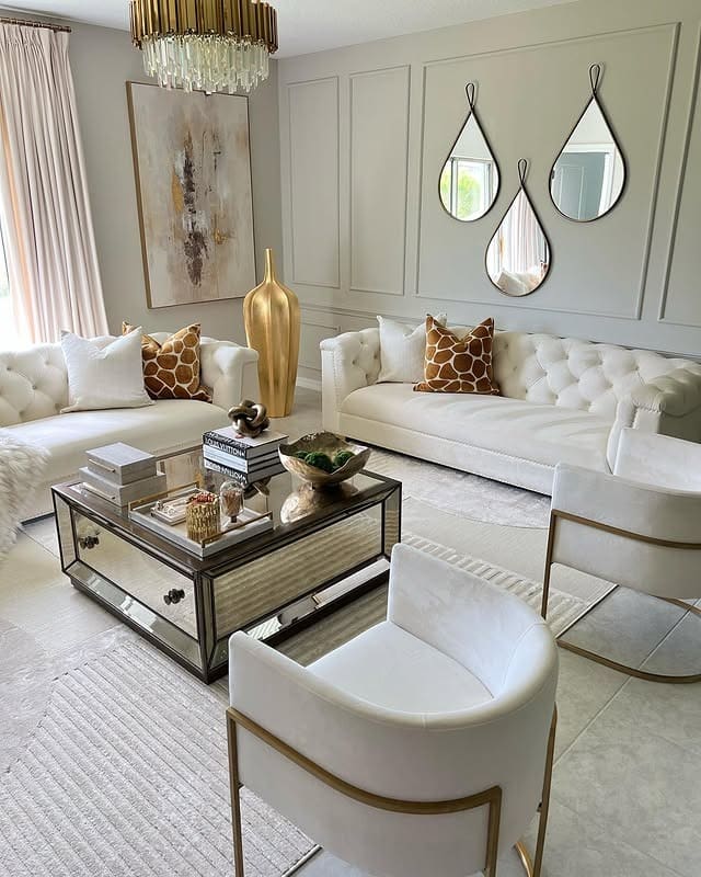 17. Classic Glam Ivory and Gold with Paneled Walls - glam living room ideas