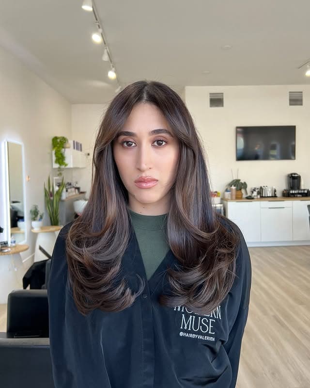 8. Chestnut Brown Long Layers with Curtain Bangs - Long Layered Hairstyles