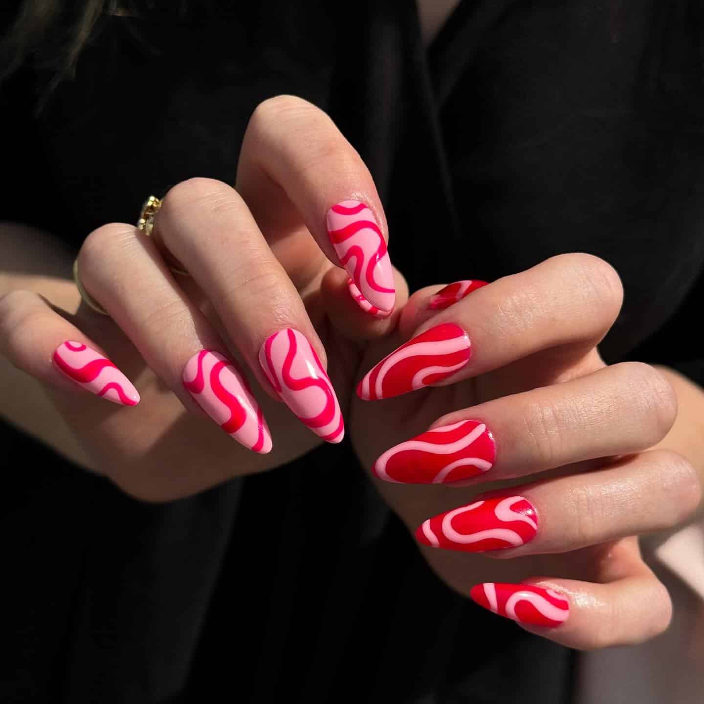 2. Retro Wave Stiletto Nails in Pink and Red - groovy nail ideas