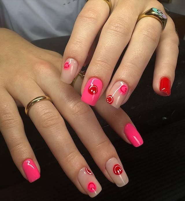 3. Cherry Accent Square Nails in Pink and Red - groovy nail ideas