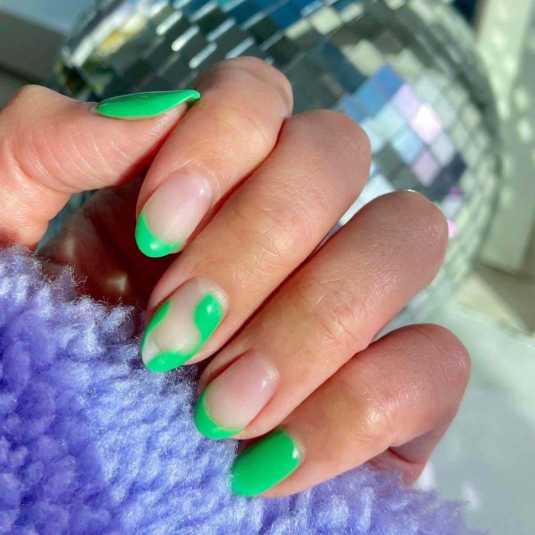 6. Green Wave French Nails with Sheer Base - groovy nail ideas