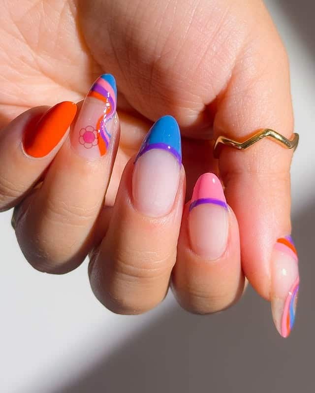 8. Colorblock Curve Almond Nails in Blue, Pink, and Orange - groovy nail ideas