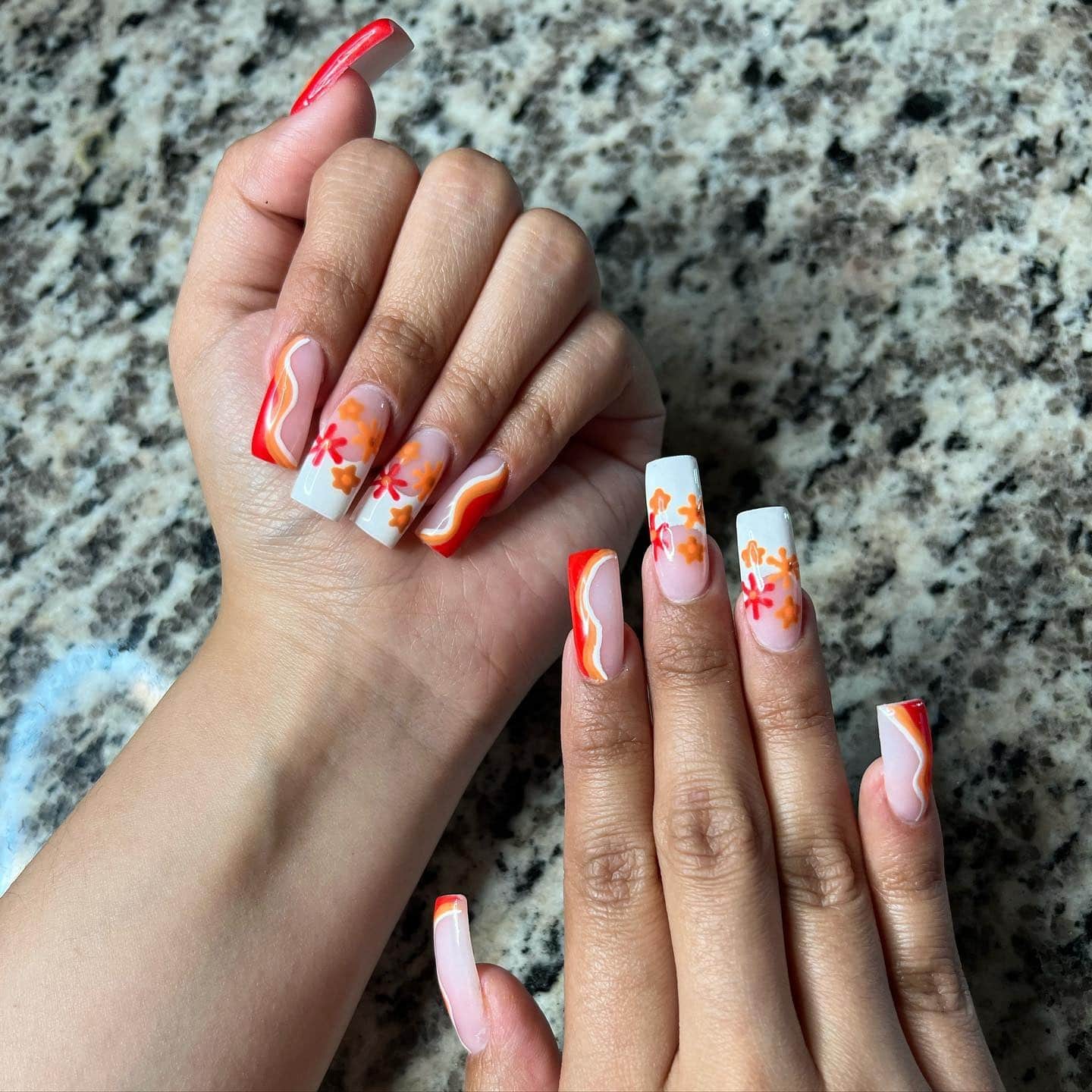 9. Floral Wave Square Nails in Orange and White - groovy nail ideas
