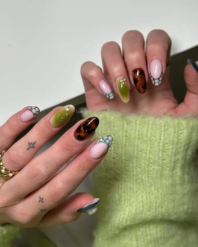 11. Earthy Mix Almond Nails in Olive and Tortoiseshell - groovy nail ideas