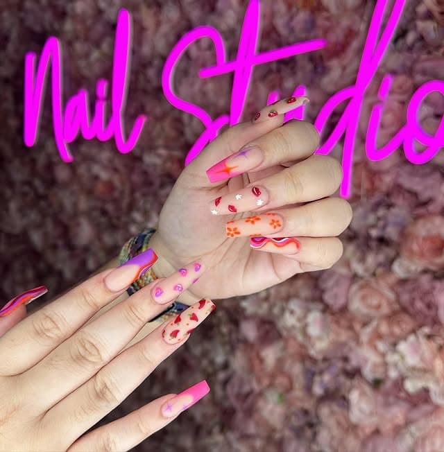 13. Neon Floral Square Nails in Pink and Peach - groovy nail ideas