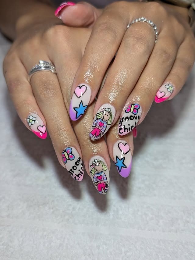 14. Cartoon Pop Art Almond Nails in Pink and Lavender - groovy nail ideas