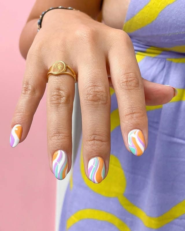 15. Pastel Wave Short Nails in Lavender and Citrus - groovy nail ideas